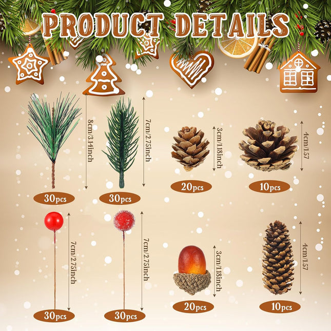Zeyune 180 Pcs Christmas Pine Cones Holly Berry Craft Pine Branch Set Christmas Potpourri Bowl Filler Vase Filler Wreath Decorations Frost Berry Assorted for DIY Home Tree (Natural,Pine Cone)
