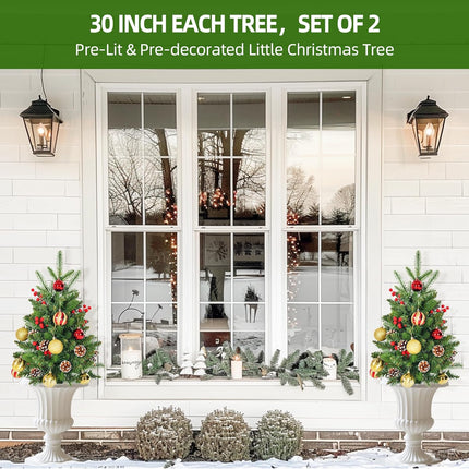 2Pcs Prelit Porch Christmas Trees 30 inch Lighted Outdoor Christmas Trees 120 LED Warm Light Lighted Pathway Flowerpot Christmas Trees with Timer Function Auto On/Off 8 Mode Lighting Battery Powered