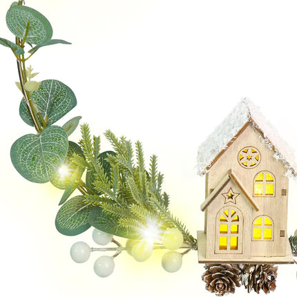 Light Up Christmas Wreath for Front Door - 2 Pcs 12 Inches LED Prelit Christmas Hoop Wreath with Lighted House for Xmas Holiday Winter Decor Modern Mantel Decoration