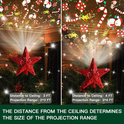 Christmas Tree Topper Lighted with 6 Projection Pattern -Star Tree Topper Built-in Led Rotating Light -3D Glitter Hollow Dynamic Projector for Xmas Tree Topper Decoration (Red)