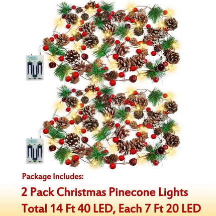 AMENON 2 Pack Christmas Pinecone Lights Total 14 Ft 40 LED Red Berry Pine Cone Garland with Timer Lights Battery Operated Xmas Fairy String Lights Home Indoor Christmas Decorations, 7 Ft 20 LED Each