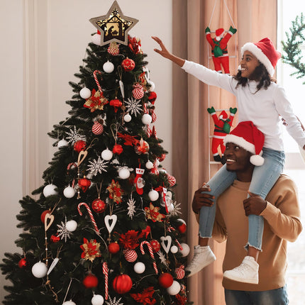 2 in 1 Nativity Scene Sets Christmas Tree Star Topper Lighted - 3D Wooden Star Shaped Festive Ornament with LED Light for Christmas Tree Table Tiered Fireplace Mantel Indoor Outdoor Christmas Decor