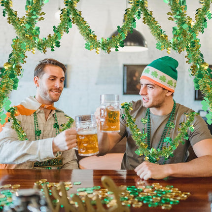 33FT St.Patrick's Day Tinsel Garland Gold Green Shamrock Hat Metallic Garland for Home Indoor Outdoor Irish Party Supplies