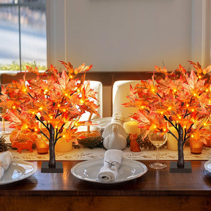 18 Inch Lighted Maple Tree with 36 Lights, 72 Leaves, 6 Acorn, Timer Battery Operated Tabletop Artificial Fall Tree for Thanksgiving Harvest Home Decor, Fall Table Decorations (18 Inch 2 Pack)