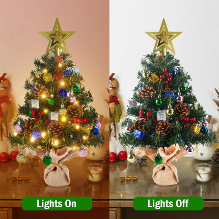 Krissing 2 Pack Mini Christmas Tree, 2FT Artificial Small Christmas Tree with 50 Lights Pine Cone Red Berries Battery Operated Realistic Tabletop Christmas Tree for Indoor DIY Christmas Decorations