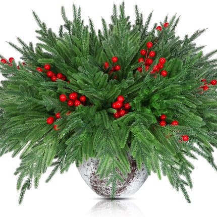 Giegxin 48 PCS Christmas Norfolk Pine Branches with Red Berry Stems 18" Artificial Norfolk Pine Stems Sprigs Artificial Christmas Branches Decorations for Xmas DIY Craft Garland Home Decor