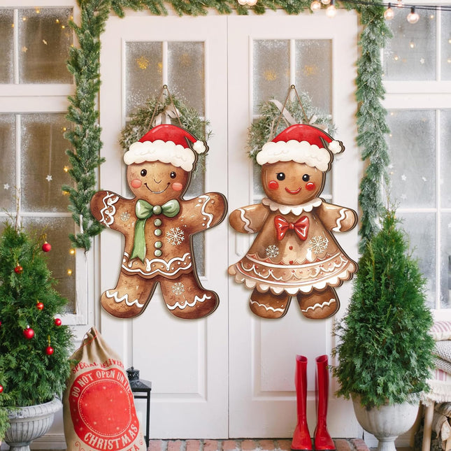 Shellwei 2 Pcs Christmas Gingerbread Hanging Sign Christmas Front Door Decorations, Hanging Decorations for Home Front Porch Walls, Indoor Outdoor Christmas Door Hanger(Red)