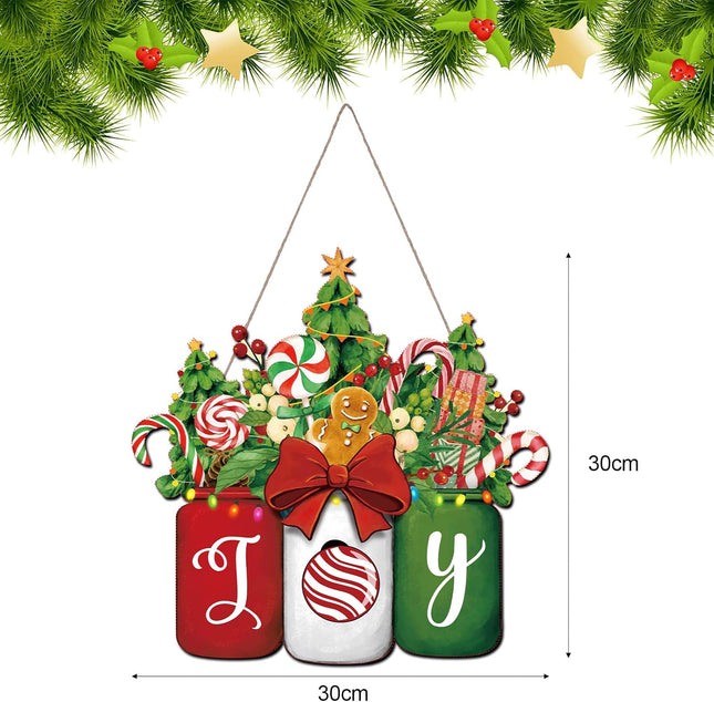 Chinco Christmas Door Sign Mason Jar Welcome Sign for Front Door Christmas Wooden Hanging Sign Gingerbread Christmas Decorations Christmas Noel Joy Door Hanger Floral Wreath Wooden Sign for Home Decor