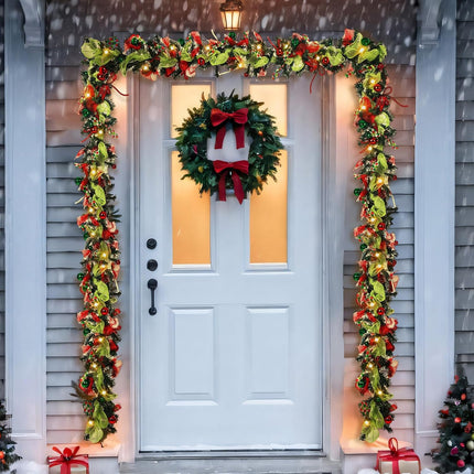 Riceshoot 6 ft Red and Green Christmas Garland with Lights for Mantle Bright Green Whimsical Xmas Garland with Red Green Balls for Front Door Fireplace Porch Table Centerpiece Outdoor Party Decor