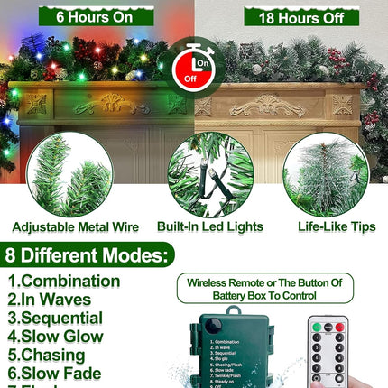 Remote Control - 9 Ft Prelit Christmas Garland 50 Color Lights Timer 8 Mode Thick 300 Branches 198 Red Berry 18 Pinecone Battery Operated Xmas Decor