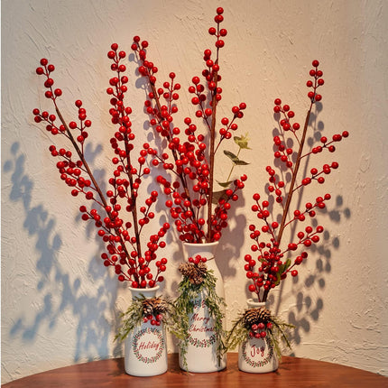 Artificial Christmas Vase 3-Piece Set Flocked with Mixed Xmas Decorations Ceramic White Bottles (White)