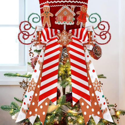 CiyvoLyeen Gingerbread Christmas Tree Topper, Red Top Hat with Candy Cane Gingerbread House Cookies Ornament Bows, Winter Holidays Xmas Tree Home Decoration, 3D Wreath Attachment Festive Ideas