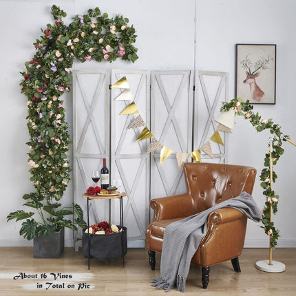 Flower Garland, Artificial Rose Vine Flowers with Green Leaves, Hanging Fake Roses Vine for Room Anniversary Wedding Birthday Christmas Wall Arch Decor, 2 Vines Champagne Floral Garland
