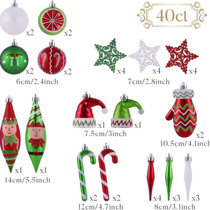 Valery Madelyn Christmas Ball Ornaments, 40ct Elf Red Green White Shatterproof Christmas Tree Decorations Set, Variety Whimsical Decorative Hanging Ornament Bulk for Xmas Holiday Party Decor