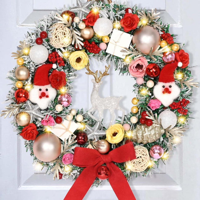 Christmas Decorations-16 Inch Christmas Wreaths with Lights, Lighted Christmas Wreaths for Front Door with Christmas Reindeer Santa Claus Red Bow, Christmas Door Wreath Indoor Outdoor Decor