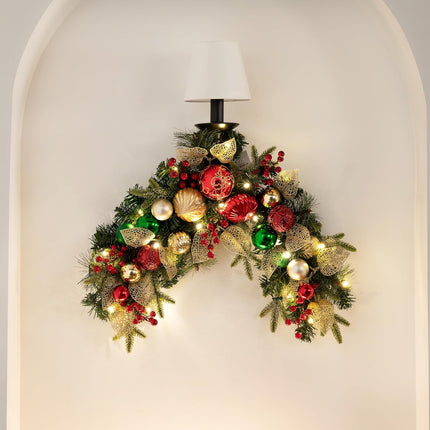 Valery Madelyn Pre-Lit Christmas Swag Outdoor, 24 Inch Mailbox Christmas Decorations Swag Teardrop for Front Door Stairs Railing Window Xmas Decor with 20 LED Lights Red Green Gold Ball Ornament