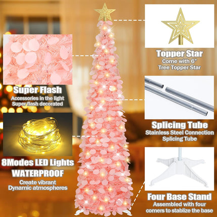 HMASYO 5 FT Pop Up Christmas Tree with Timer Lights, Pink Tinsel Christmas Tree, Collapsible Artificial Pencil Christmas Tree for Indoor Home Apartment Porch Holiday Party Decorations