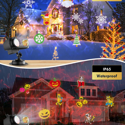 Christmas Projector Lights, Holiday Projector Outdoor, 2 in 1 HD Effect Pattern Snowflake Projection Lamp, with Remote control, Timer Memory Function, 10 slides for Various Festive Atmosphere