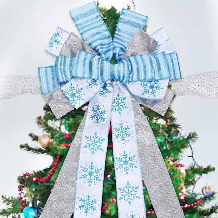 Capoda Christmas Tree Topper Bow 44'' x 12 Large Blue Christmas Tree Decoration Snowflake Ribbon Winter Flower Topper Wreath Bow with 3 Yards Long Ribbon Merry Christmas Garland for Xmas Home Decor