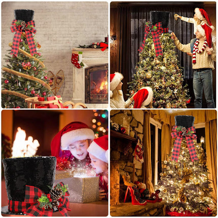 HOHOTIME Christmas Tree Topper Hat with Lighted Snowflaker, HOHOTIME Double-Sided Sequins Christmas Tree Topper with Buffalo Plaid Red Black Bow, Pine Cones and Red Berries for Xmas Tree Decorations