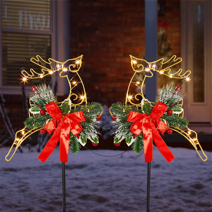 2pk Metal Solar Stake Lights Christmas Yard Decorations Flashing/Steady On Warm White Christmas Reindeer Figurines Christmas Ornament Stakes for Garden Lawn Yard