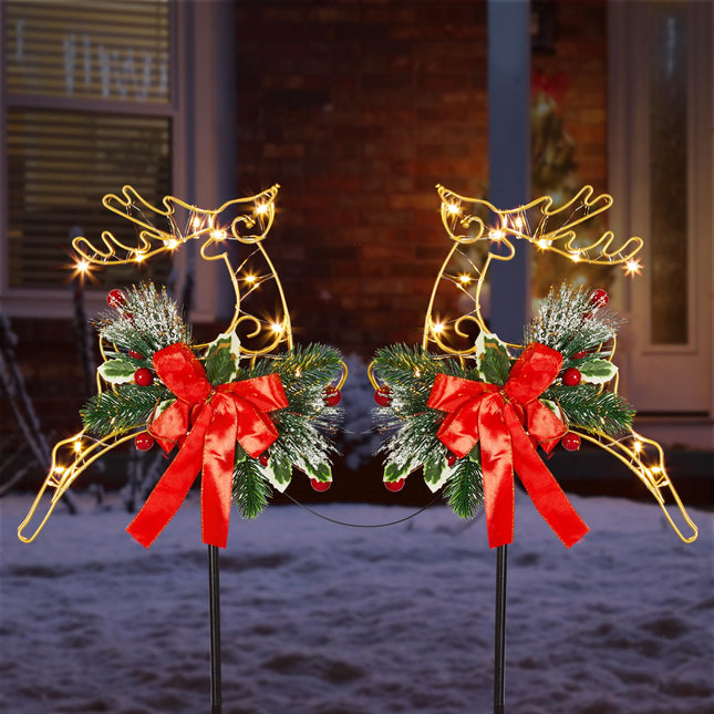 2pk Metal Solar Stake Lights Christmas Yard Decorations Flashing/Steady On Warm White Christmas Reindeer Figurines Christmas Ornament Stakes for Garden Lawn Yard