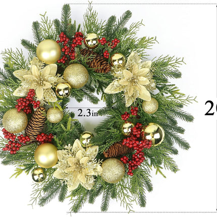 Christmas Wreath, 20'' Christmas Wreaths for Front Door with Gold Ball and Flower, Christmas Door Decorations for Year