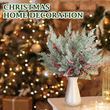 24 Pcs 18.5 Inch Snowy Faux Cedar Branches Frosted Artificial Cedar Picks and Sprays Cedar Twigs Stems Christmas Greenery Stems Green Artificial Cedar Sprigs for Christmas Holiday (Berry Pine Cones)