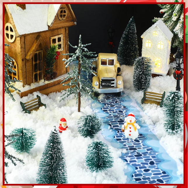 22 Pcs Christmas Village Sets Accessories Miniature Pine Trees Christmas Village Frosted Christmas Tree Figurine Streetlight Lamps Village Street Mat Park Bench Seat for Xmas Winter Decor