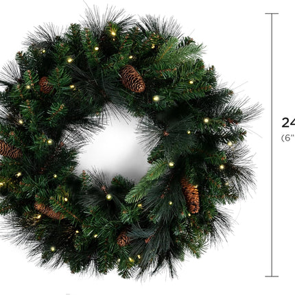 Papyrus 24" Pre-Lit Carolina Pine Artificial Wreath, Pine Cones, Warm White Light, Battery Powered, Indoor/Outdoor