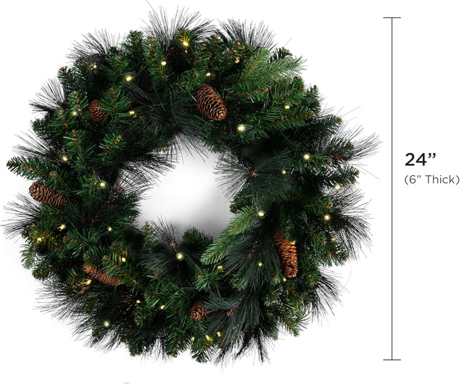 Papyrus 24" Pre-Lit Carolina Pine Artificial Wreath, Pine Cones, Warm White Light, Battery Powered, Indoor/Outdoor