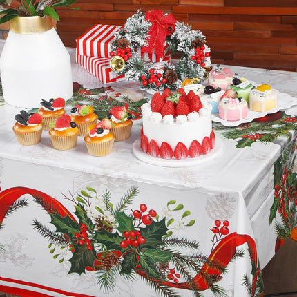 6 Pcs Christmas Plastic Disposable Tablecloth 108 x 54 Inch Holly Berry Ribbon Garland Table Cover Rectangle Christmas Party Table Cloth for Christmas Party Dining Table Supplies