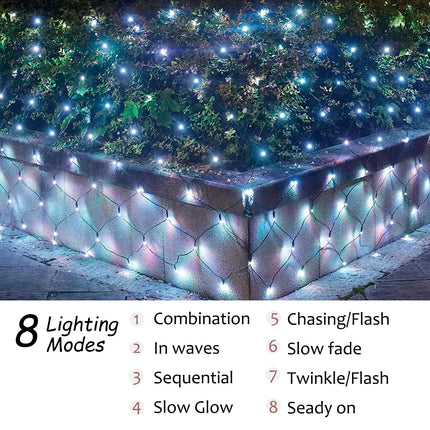 11.5 ft x 5 ft Solar Net Lights, Outdoor Mesh Lights 240 LED Waterproof 8 Mode with Remote String Lights for Bushes Trees Garden Wall Patio Christmas Indoor Decor (Cool White)