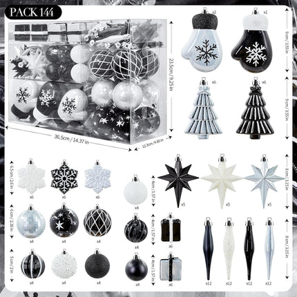144 PCS Shatterproof Black White Christmas Tree Ornaments, Plastic Xmas Hanging Ball Set with Lanyard, Gloves, Box, Star, Xmas Tree Decor for Holiday Halloween Party