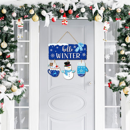 Christmas Hello Winter Door Sign, Winter Snowman Wooden Hanging Sign, Welcome Xmas Wall Decor Blue Gloves Scarf Snowflakes Rustic Winter Wreath for Holiday Indoor Outdoor Home Decor
