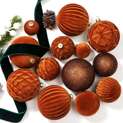 Velvet Christmas Ball Ornaments Brown Christmas Tree Decorations 36pcs Shatterproof Christmas Ornaments Set with 5 Styles in 3 Sizes(Small Medium Large)