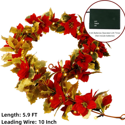Glintoper Christmas Poinsettia Garland, 5.9 FT Lighted Artificial Garlands with 36 Red Flowers, Battery Operated with Timer Poinsettia String Lights, Light up for Xmas Year Home Decor