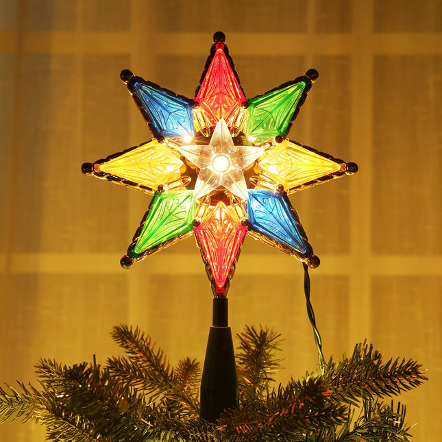 Brizled Christmas Star Tree Topper, 8" Lighted Double-Sided Christmas Tree Topper, 8-Point Multi Color Xmas Tree Topper with 10 Warm Lights, 120V UL Tree Star for Christmas Tree Party Home