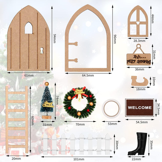 Dollhouse Decoration Set 1:12 Desktop Wall Decoration Christmas Ornaments Including Door, Ladder, Christmas Wreath, Christmas Tree, Vintage Miner's lamp, Boots, Fence, Double-Sided Adhesive Tape