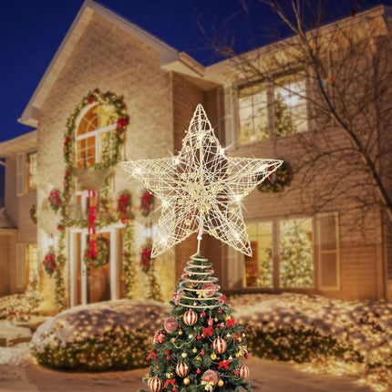 Christmas Tree Topper, 3D Star Tree Topper Christmas Tree Topper Lighted, Prolong Wire Gold Metal Designed Built-in 10 Bulbs String Lights for Christmas Holiday Tree Decoration Indoor Home Decor