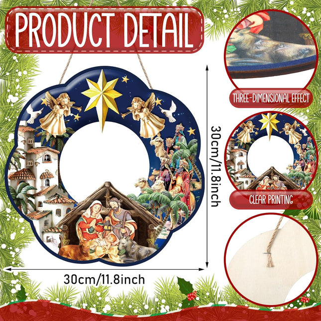 Holy Family Wreath Decorations Christmas Front Door Wreaths Sign Wooden Nativity Scene Wreath Religious Nativity Scene Door Decoration for Xmas Home Window Wall Decor(Holy Family)