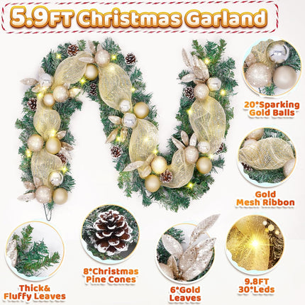 5.9 FT Christmas Garland Decorations, Luxury Christmas Garland with Lights for Mantle, Christmas Flocked Garland with Ribbons Gold Ball Pinecones, Lighted Christmas Garland Decor