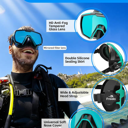 Freela Adult Dry Snorkel Set with Mirrored Lens Anti-Fog 180° Wide View Anti-Fog, Scuba Diving Mask with Nose Cover, Snorkeling Gear for Men Women - Green with Blue
