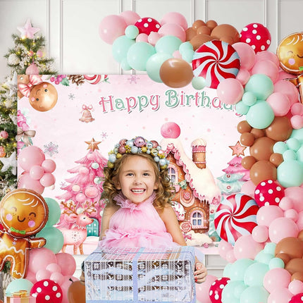 Lofaris Christmas Gingerbread House Happy Birthday Party Decorations 140pcs Gingerbread Balloon Arch Garland Kit Winter Merry Xmas Pink Bday Snowflake Candyland Banner Backdrop