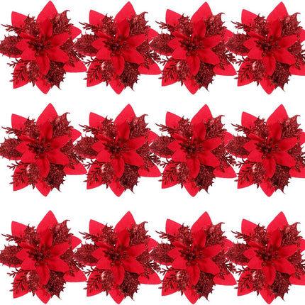 TOYANDONA 12pcs Christmas Glitter Poinsettia Flowers, Artificial Poinsettia Flowers Red Christmas Tree Ornaments with Stems and Clips for Christmas Wreath Wedding Decorations