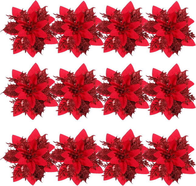 TOYANDONA 12pcs Christmas Glitter Poinsettia Flowers, Artificial Poinsettia Flowers Red Christmas Tree Ornaments with Stems and Clips for Christmas Wreath Wedding Decorations