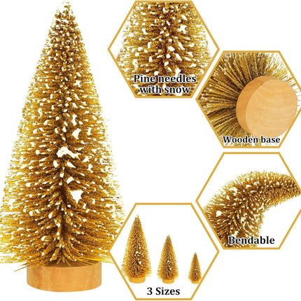 Whaline 16Pcs Artificial Mini Christmas Tree Snow Frosted Trees Red Green Gold Silver Bottle Brush Tree Desktop Mini Pine Tree with Wood Base for Christmas Home Office Tabletop Crafts, 3 Sizes