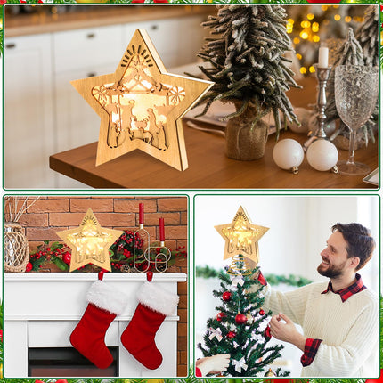 Nativity Christmas Tree Topper Lighted Star Tree Topper Treetop for Christmas LED 3D Nativity Theme Christmas Tree Decorations Wooden Treetop Xmas Tree Decor Ornaments Nativity Tabletop 10 X 8.5 in
