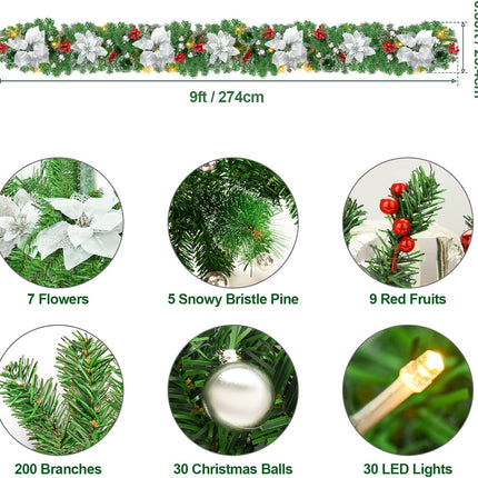 Christmas Garland,Christmas Garland with Lights,Outdoor Christmas Garland,9ft pre-lit Christmas Garland for Interior Decoration,Fireplaces,Stairs,Door Christmas Garlands Decorations Battery Operated
