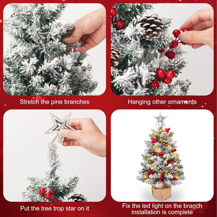 HOXHA Mini Christmas Tree, 22 Inch Small Tabletop Set, Star Tree Topper, Pine Cones Berries and Christmas Ornaments for Christmas Holiday Home Office Table Decorations, White